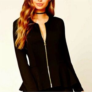 Forever 21 Peplum Zip Up Black Jacket Medium
